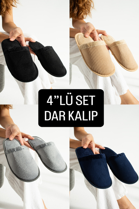 MODA BULVARI 4'Lü Erkek Terlik Kadife Fitilli Desen Unisex Damat Bohça Seti Misafir Halı Ofis Terliği