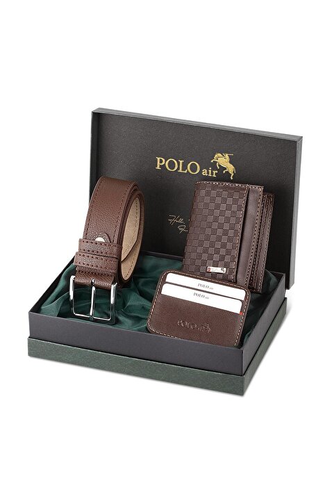 polo air Kahverengi Dama Desenli Kutulu Erkek Cüzdan Kemer Kartlık Seti
