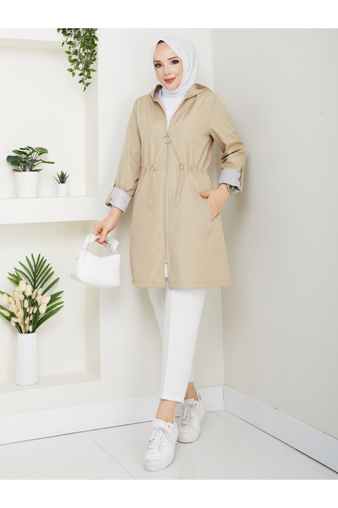 RACE FASHİON Çizgi Desenli Bondit Kumaş Beli Lastikli Kapüşonlu Tesettür Trençkot RC905010