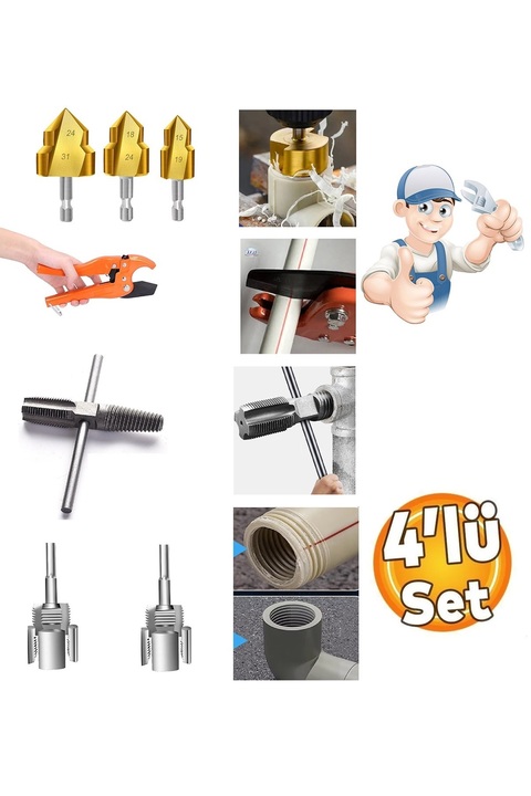 Depolife PPRC Pvc Boru Diş Açma Tamir Onarım 7 Parçalı Set Tesisatcı Havşa Rayba Ters Klavuz Diş Matkap Ucu