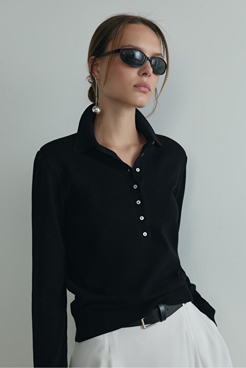 Suud Collection Siyah Carter Polo Yaka Triko Kazak