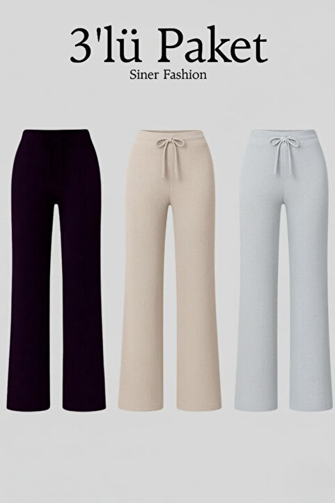 Siner Fashion Kadın 3 lü Fitilli Bol Paça Rahat Günlük Pantolon