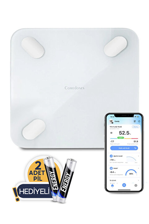 comedones Yağ Ölçer Fonksiyonlu Baskül Akıllı Bluetooth Tartı - Uygulama Ile Kontrol ( 30x30 Cm )