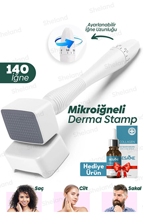 Sheland Dermastamp 140 Titanyum İğneli , 30 ml Collagen Serum - Ayarlanabilir 10 İğne 0.25 mm - 3.00 mm