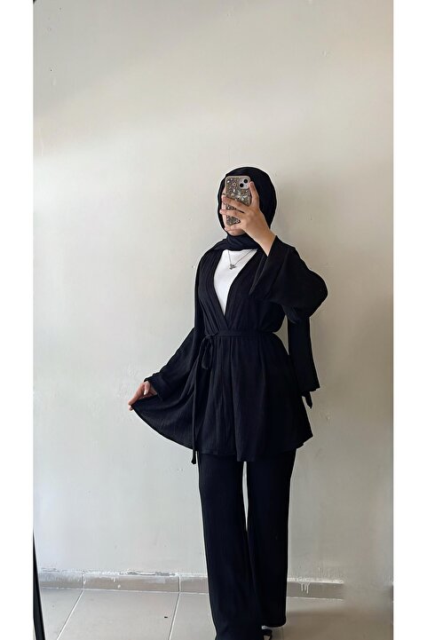 DİLEKBUTİK Siyah bürümcük kimono pantolon takım