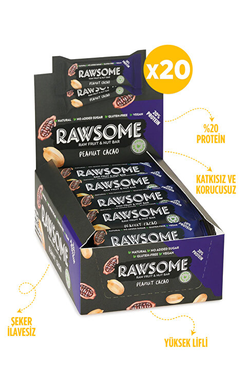Rawsome Yer Fıstığı Ve Kakaolu Glutensiz Ve Vegan Yüksek Bitkisel Proteinli Bar 25g X 20 Adet