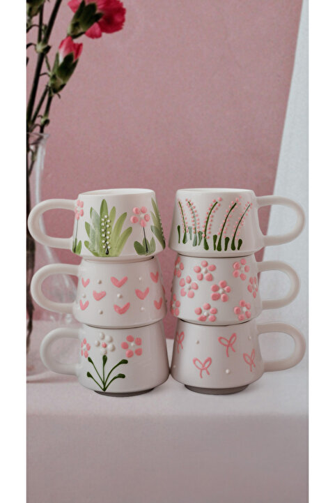 touchmughm PEMBE 6'LI SET ÖZEL KABARTMALI EL İŞLEMELİ SERAMİK KUPA, Double, Kahve Fincanı, Mug