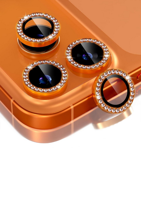 EVAX [Taşlı] iPhone 17 Pro Max / 17 Pro Uyumlu Kozmik Turuncu Taşlı Çerçeveli Cam Kamera Lens Koruyucu