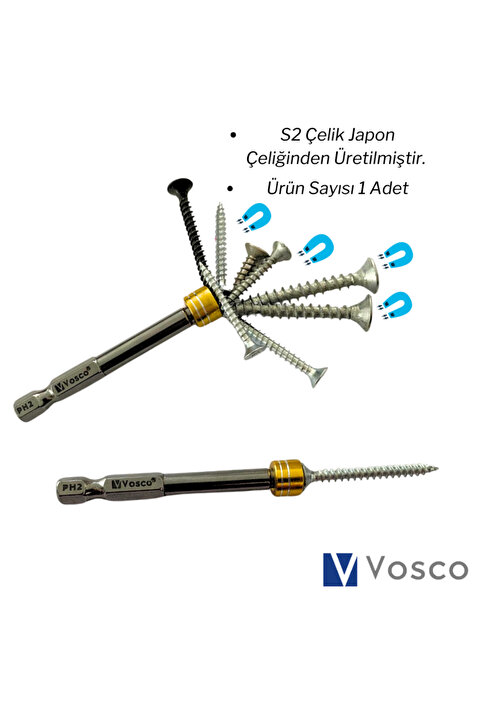 vosco Özel Mıknatıslı Bits Uç Matkap Ucu Tornavida Ucu Vidalama Ucu PH2-65 mm ( 1 ADET )