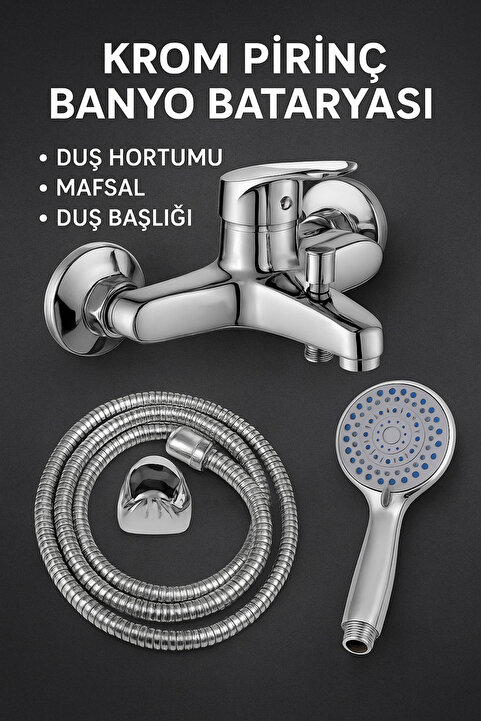 SUVİA Banyo Bataryası Krom Mix Duş Seti 5 Fonksiyonlu Başlık Hortum Mafsal Modern Batarya