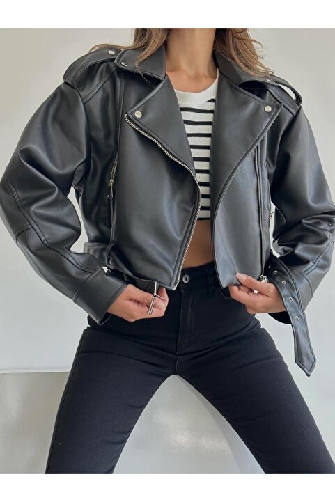 Ekim Store Yeni Sezon Oversize Siyah Biker Deri Ceket