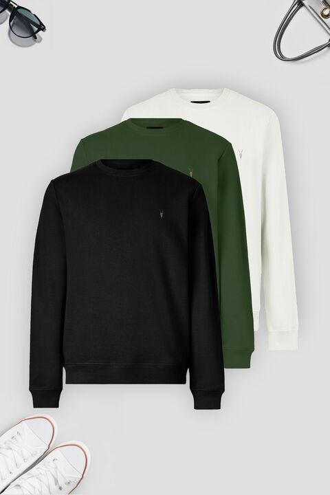 COMBİNE MİCHAİL Erkek 3-lü Siyah-beyaz-haki Sweatshirt Basic Bisiklet Yaka
