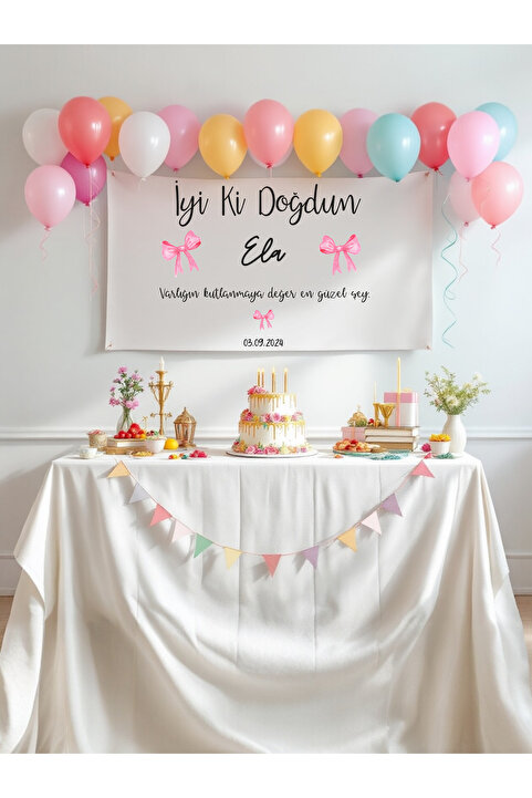 Puppetzzz Kişiye Özel Büyük Ebat İyi Ki Doğdun Fiyonklu Doğum Günü Duvar Örtüsü Duvar Halısı Flama