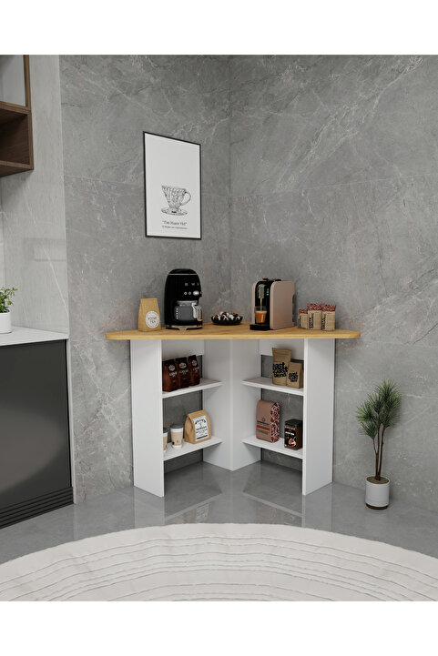 Arnetti Corner Kahve Köşesi Safirmeşe Beyaz | Raflı Çok Amaçlı Mutfak Masası ve Kahve İstasyonu Ünitesi