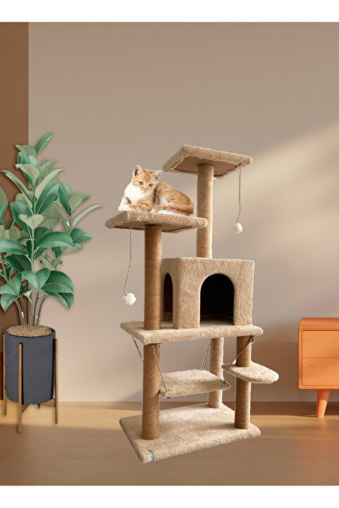 Nursoft Y01  Salıncaklı  Yuvalı Lüx  Kedi Tırmalama  Oyun Evi-Bej