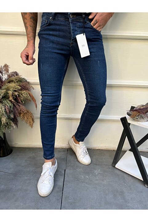 ENERJİN Erkek Slim Fit Likralı Kot Pantolon Koyu Blue Tırnaklı