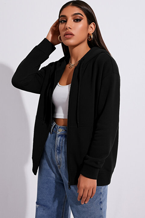 uyguntarz Unisex Siyah Fermuarlı Kapüşonlu Sweatshirt