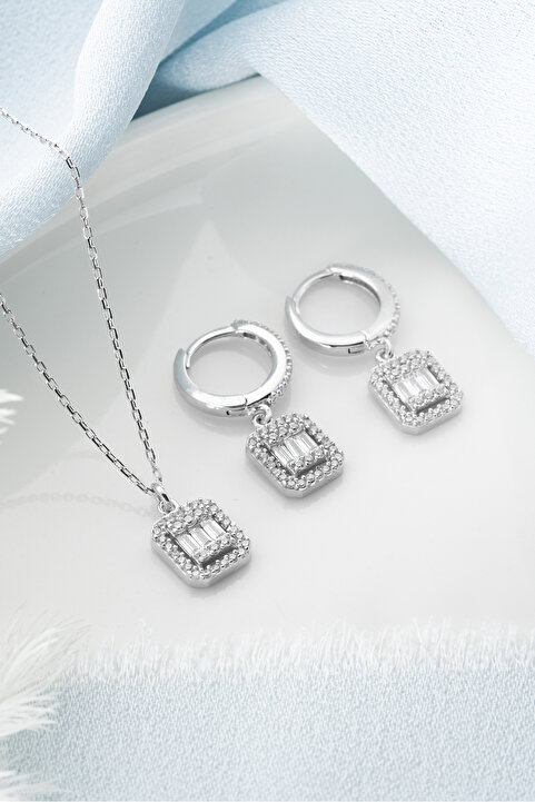Silvano Jewelry 925 Ayar Gümüş Baget Kolye Küpe Set