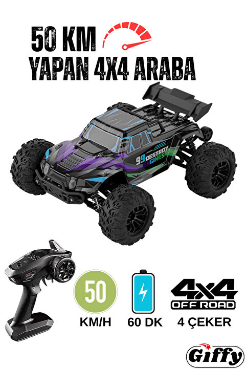 giffy Oyuncak Uzaktan Kumandalı 50 Km Hız Yapan Araba, 4X4 Offroad 1300 MaH Şarjlı Yüksek Teker Jeep