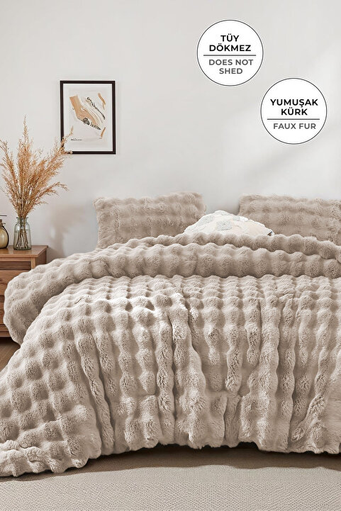 Evlen Home Collection Kürk Yatak Örtüsü Seti Tek Kişilik Dolgulu Peluş Yumuşak Yorgan Tavşan Tüyü 2 Parça Lory Bej