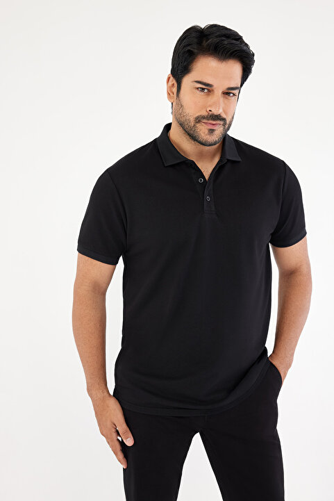 AC&Co / Altınyıldız Classics Erkek Çekmeyen Pamuklu Kumaş Slim Fit Dar Kesim Simsiyah Kıvrılmaz Polo Yaka T-shirt