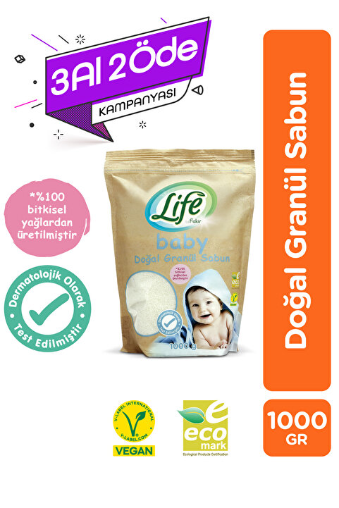 Life By Fakir Life Bebek Doğal Granül Sabun 1000Gr %100 Bitkisel yağlardan üretilmiştir. 20 Yıkama