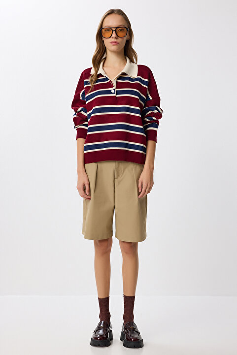 Lovelyİstanbul Polo Yaka Çizgili Triko Kazak LMW0024 BORDO LACİVERT
