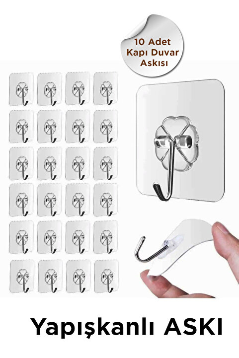KCA HOME 10 Adet Kapı Duvar Askısı, Kendinden Yapışkanlı Şeffaf Askı, Güçlü Kapı Askısı, 6X6cm