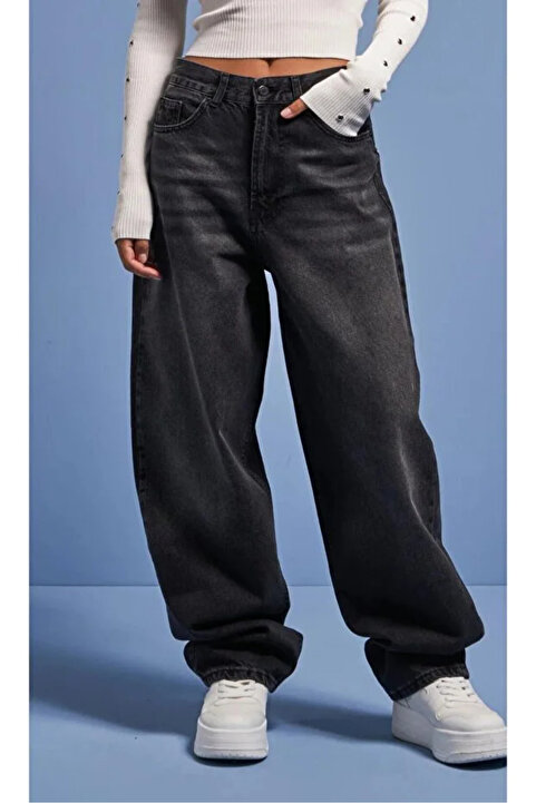 Genel Markalar Pofidi Vintage Siyah Yıkamalı Baggy Jean