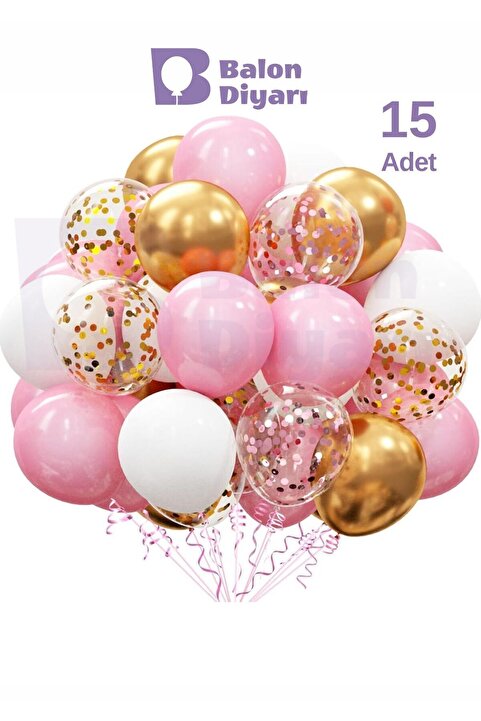 BALON DİYARI Beyaz & Pembe & Gold Konfeti Şeffaf 15 Adet Balon Seti – Göz Alıcı Ve Şık Parti Dekoru