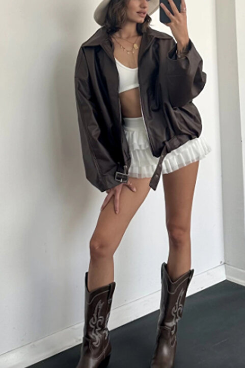 Jaglion Luvren Acı Kahve Street Style Bomber ZR Deri Ceket