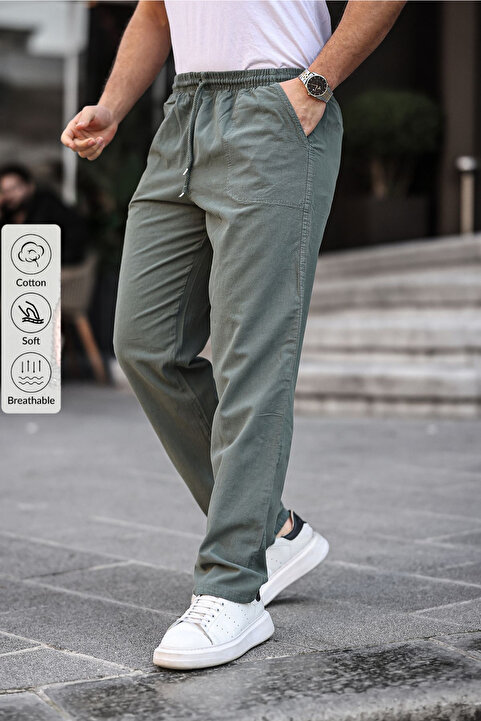 COMBİNE MİCHAİL Haki Renk Erkek Yazlık Keten Karışımı Relaxed Pantolon