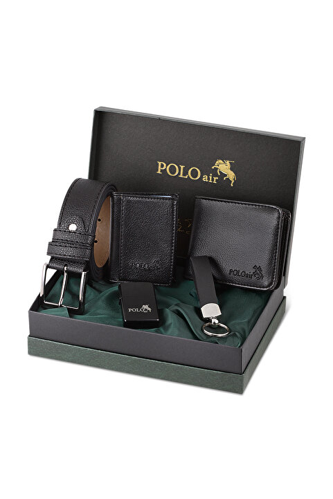 polo air Kemer Cüzdan Kartlık Anahtarlık Çakmak Hediyelik Kombin Siyah Set Sete-3012-chx