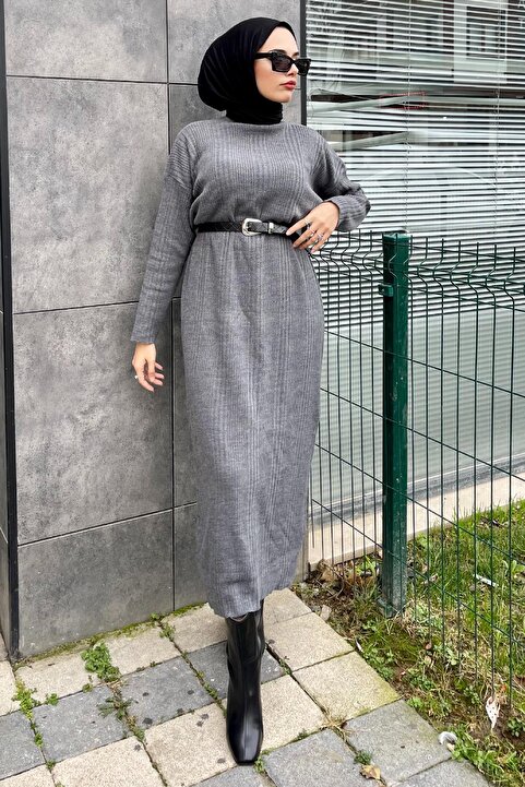 Şule Giyim Fitilli Triko Elbise Füme