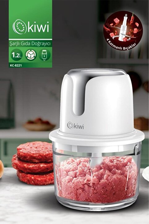 Kiwi KC-8221 Kablosuz Şarjlı Gıda Doğrayıcı 1.2 L Cam Hazne, Paslanmaz Çelik Bıçaklı Mutfak Robotu Gümüş