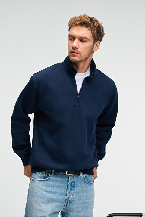 GRIMELANGE BAXTER Erkek Dik Yakalı Fermuarlı Relaxed Lacivert Sweatshirt