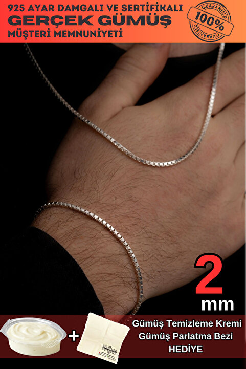 OSMANLI GÜMÜŞ Erkek Gümüş Kolye Bileklik Set - 925 Ayar 2mm Küp Zincir Gümüş Set