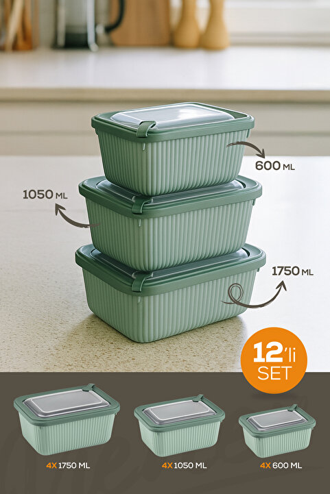 Vienev 12'li Vip Dikdörtgen Mikrodalga Ve Difrize Uygun Saklama Kabı Seti Yeşil 4x(1750,1050,600 ml)