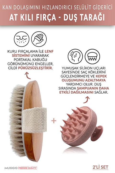 Muggio 2li Set - %100 Doğal At Kılı Selülit Fırçası Pembe Silikon Duş Tarak