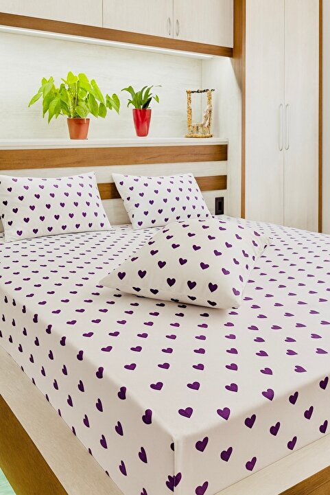 Felina Home Çift Kişilik Battal Boy Pamuklu Lastikli Çarşaf Takımı Lila Küçük Kalp Desen