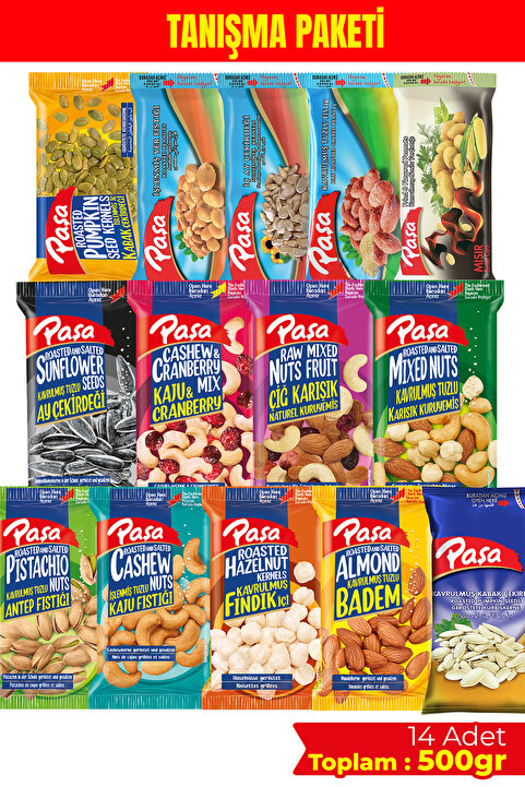 Paşa Kuruyemiş 14lü Karışık Kuruyemiş Tanışma Paketi 500 gr – Mini Tadım Seti