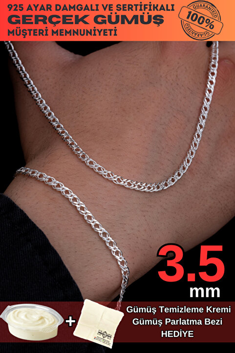 OSMANLI GÜMÜŞ Erkek Gümüş Kolye Bileklik Set - 3.5mm 925 Ayar Rambo Model Gümüş Kolye Bileklik Set
