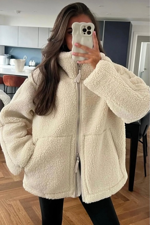 moda armanc Bej Dik Yakalı Cepli Kadın Peluş Mont