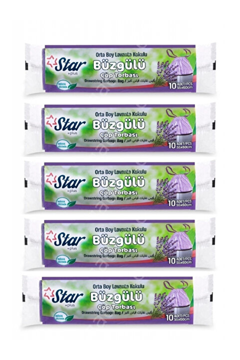 Star Plus Star Büzgülü Çöp Torbası / Poşeti - Orta Boy 55x60 - Lavanta Kokulu - 5 Rulo = 50' Li