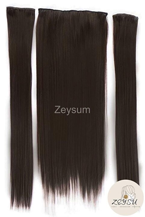 Zeysum 3 lü Set - Orta Koyu Çikolata Kahverengi Yarımay Düz Saç ve Yanlar Çıtçıtlı Postiş 60 Cm 150 gr Isıya Dayanıklı