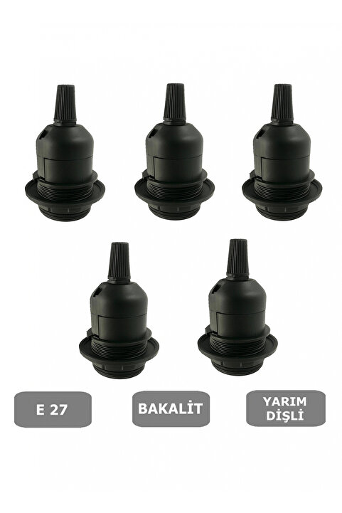 CONANA E27 Duy Geçmeli Yarım Diş Avize, Abajur, Lambader Duyu Halkalı - Bakalit Siyah (250V-4A) 5 Adet