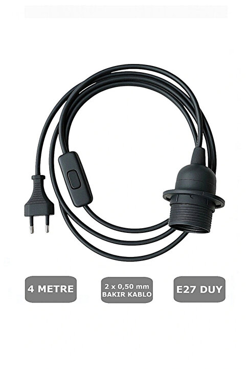 CONANA E27 Duylu 4 Metre Arapuarlı (Aç Kapat Anahtar) Fişli Abajur Duyu Seyyar (2X0,50) (Siyah) 65W