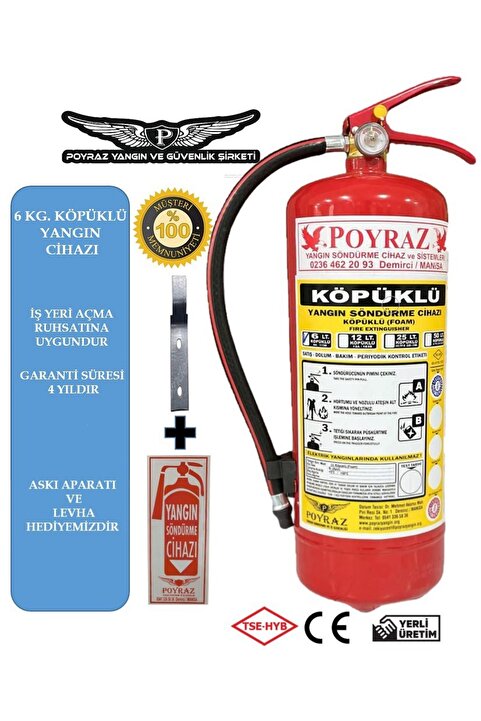 P POYRAZ 6kg Yangın Tüpü Yangın Söndürücü Askı Aparatı Levha Hediyeli 2025 Dolum 2029 Tekrar Dolum 4 Yıl