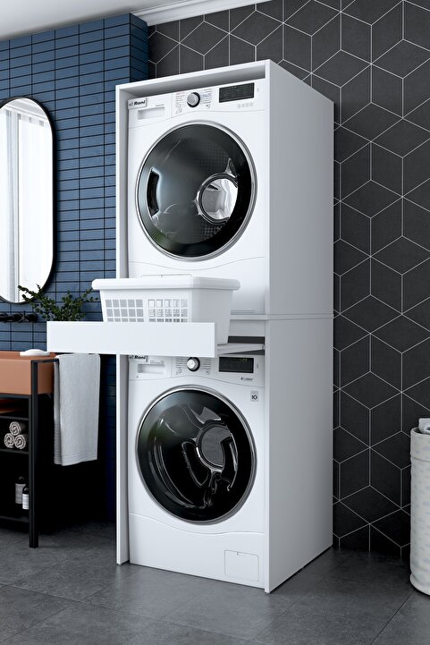 Rani Mobilya Rani KD123 Çamaşır Ve Kurutma Makinesi Dolabı Çekmeceli Banyo Dolabı Beyaz