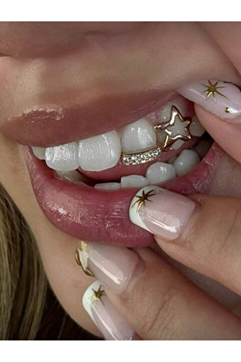 La Saade Y2k Hip Hop Gold Altın Kaplama İkili Taşlı Yıldızlı Tooth Gems Geillz Diş Taşı Aksesuar